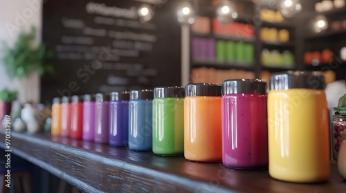 Colorful Smoothies in Jars on a Bar Counter.