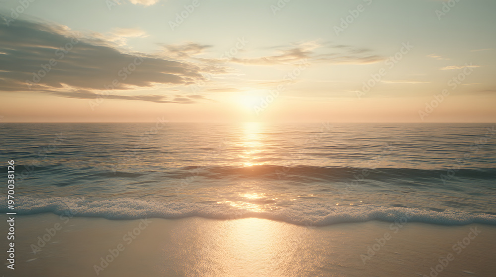 A serene ocean view from a secluded beach with the sun rising over the calm water and creating a soft golden reflection. A serene ocean view from a secluded beach with the sun rising over the calm water and creating a soft golden reflection.