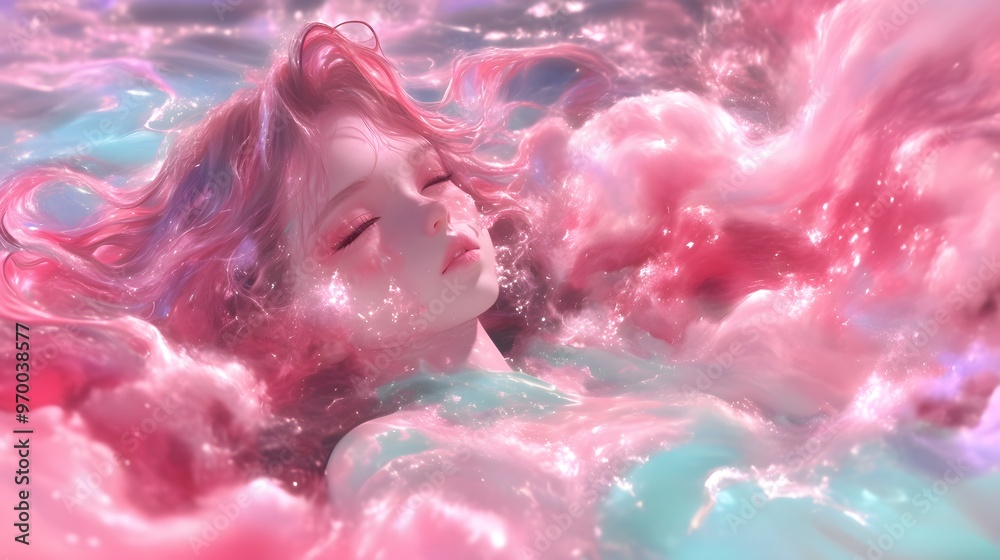 Fototapeta premium Dreamy Girl in Pink Clouds.
