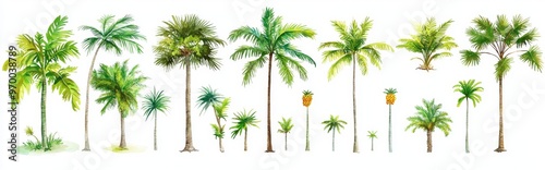 A watercolor palm tree isolated on a white background with vintage coconut trees. A tropical jungle of flowers.