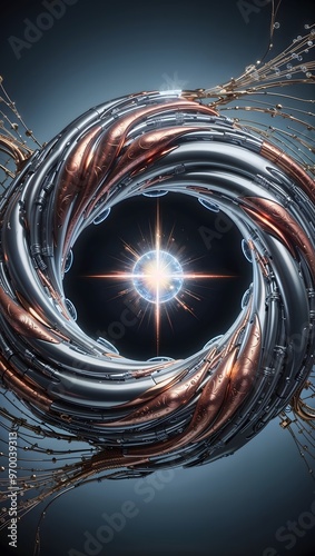 Enticing digital artwork showcasing a spiraling vortex with luminous center, merging metallic and ethereal elements in a mesmerizing composition