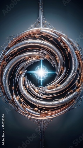 Entropic vortex of swirling metallic elements illuminated by a bright core radiating mesmerizing patterns in digital art