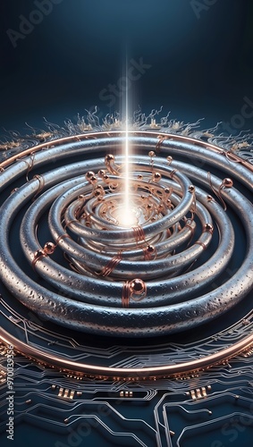 Mesmerizing digital artwork depicting swirling entropy with metallic spirals and a central radiant light against a dark background
