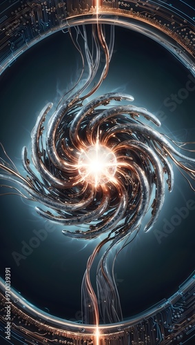 Mesmerizing digital artwork depicting swirling entropy with glowing tendrils and a central light source in a cosmic environment