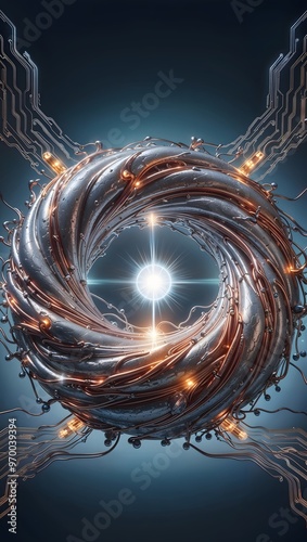 Mesmerizing digital artwork showcasing intricate swirling patterns with glowing elements and futuristic circuitry against a dark backdrop