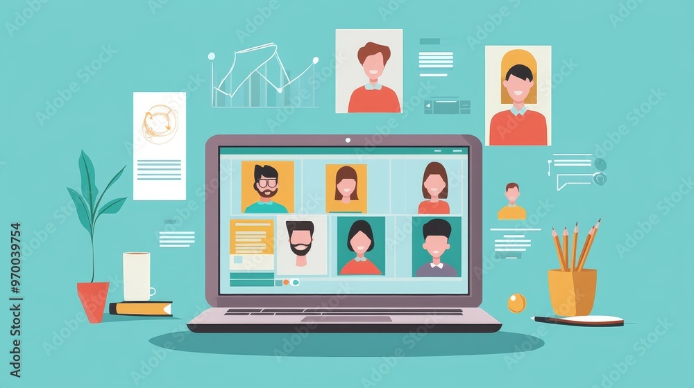 Virtual meeting via video conference call on a laptop, facilitating online communication among colleagues. This illustration represents the concept of telecommuting and remote work. Virtual meeting via video conference call on a laptop, facilitating online communication among colleagues. This illustration represents the concept of telecommuting and remote work.