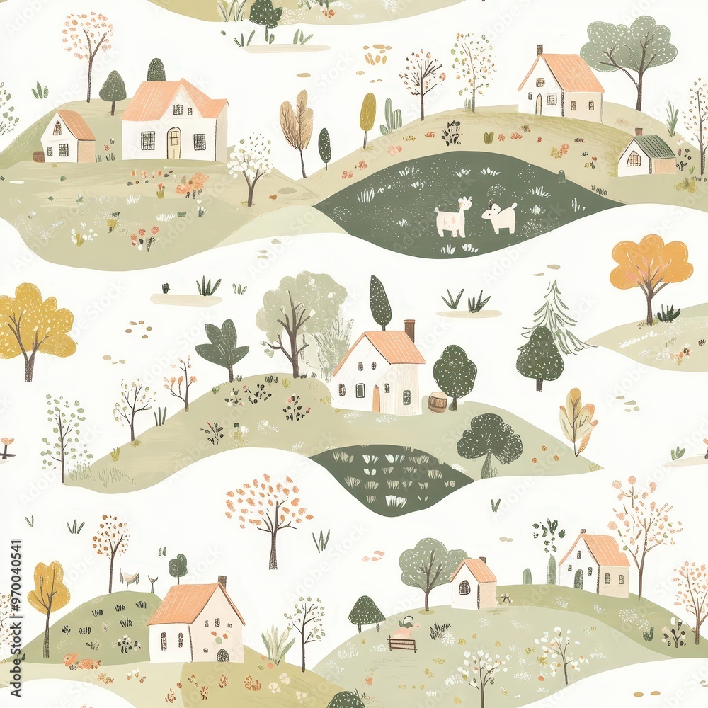 Charming country landscape pattern with rolling hills and cozy cottages. Charming country landscape pattern with rolling hills and cozy cottages.