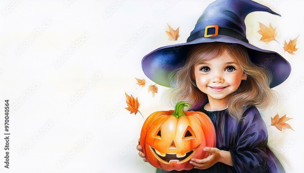 Little girl dressed in a witch costume for Halloween holds a pumpkin lantern in her hands, white background. Little girl dressed in a witch costume for Halloween holds a pumpkin lantern in her hands, white background.