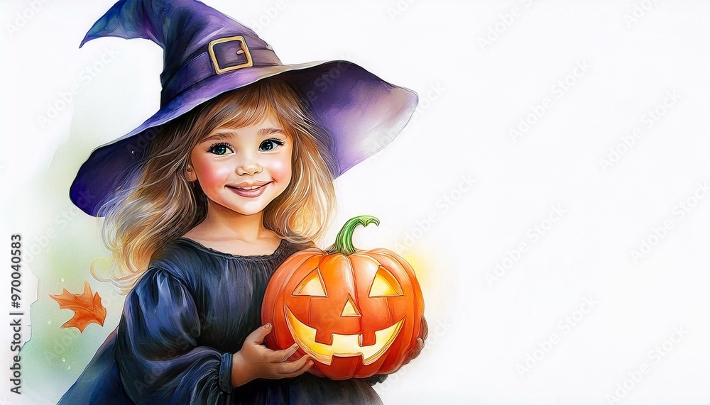 Little girl dressed in a witch costume for Halloween holds a pumpkin lantern in her hands, white background.