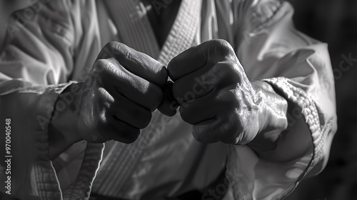 Close-up of male karate fighter�s hands in black and white.