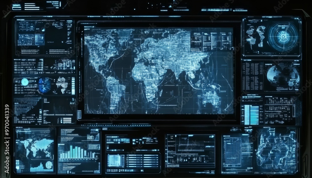 Futuristic Technology Interface With World Map, Global Business, And Cyber Security Concept. Futuristic Technology Interface With World Map, Global Business, And Cyber Security Concept.