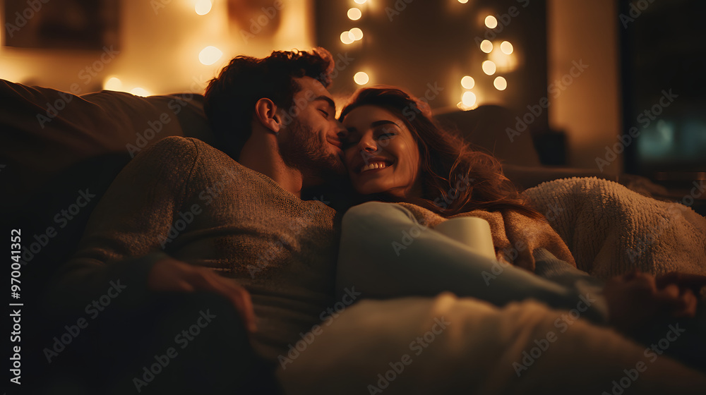A couple cuddling on a cozy couch watching a movie together. A couple cuddling on a cozy couch watching a movie together.