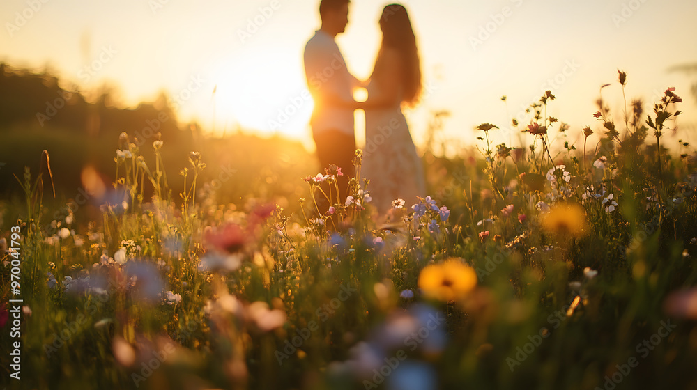 A couple dancing in a meadow filled with wildflowers the sun setting behind them. A couple dancing in a meadow filled with wildflowers the sun setting behind them.