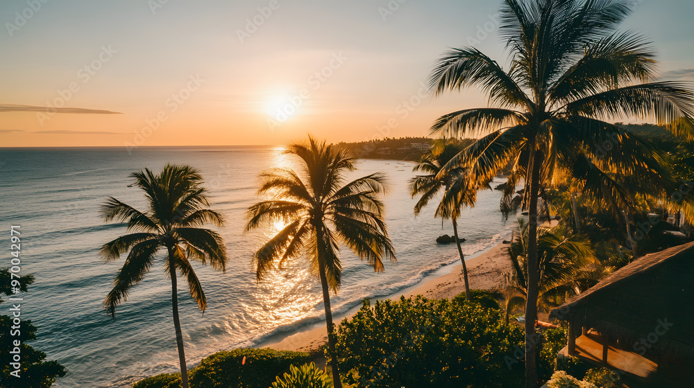 Fototapeta premium A stunning ocean view from a seaside villa with palm trees lining the shore and the turquoise sea stretching out to the horizon.