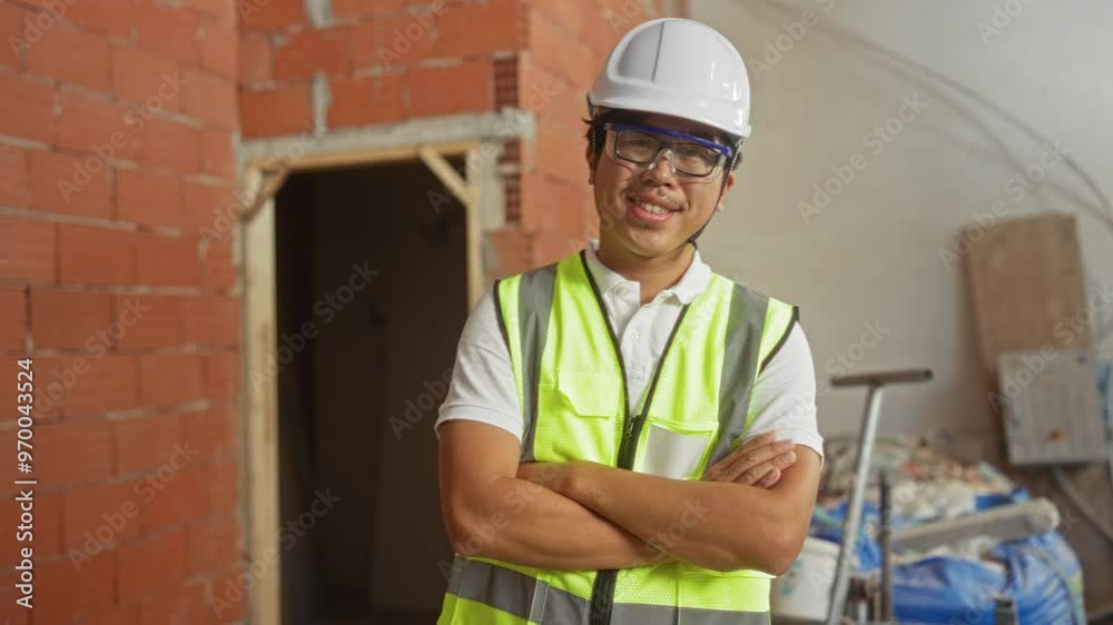 Young man in construction gear with crossed arms at building site indoors Young man in construction gear with crossed arms at building site indoors