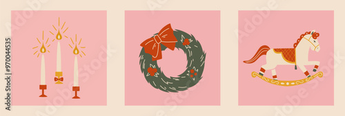 Retro holiday cards. Set of vintage christmas illustration: rocking horse, candles, wreath.