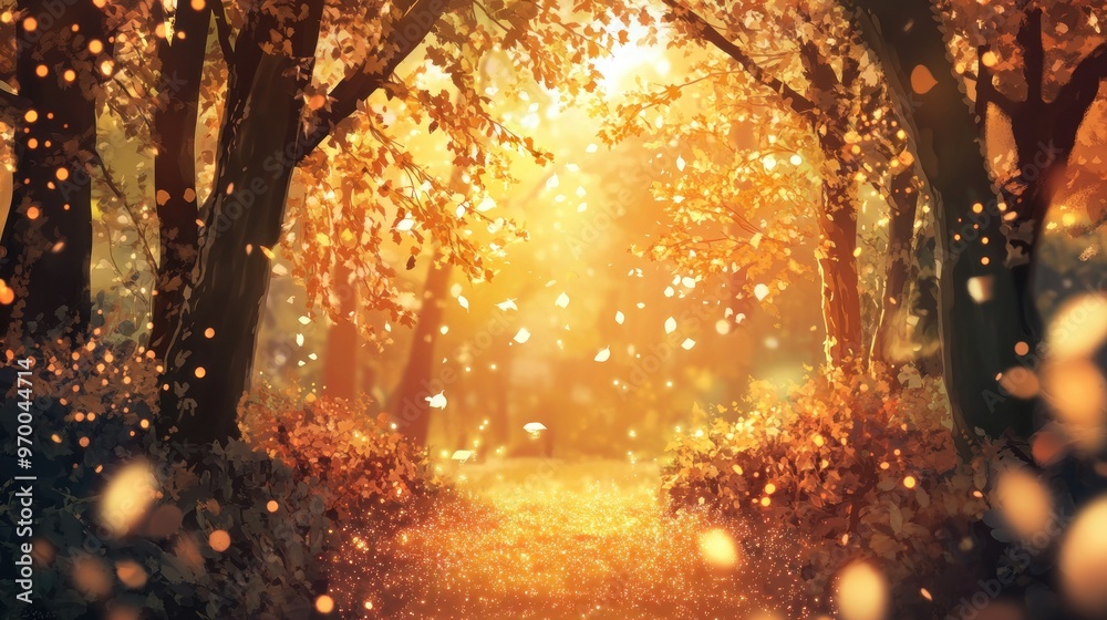 Golden Autumn Forest Path with Falling Leaves and Glowing Dust Golden Autumn Forest Path with Falling Leaves and Glowing Dust