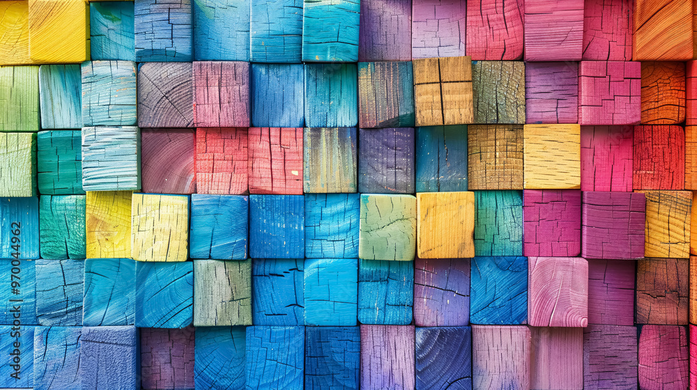 Colorful background of wooden blocks, showcasing a spectrum of hues ideal for artistic covers or creative projects. Colorful background of wooden blocks, showcasing a spectrum of hues ideal for artistic covers or creative projects.