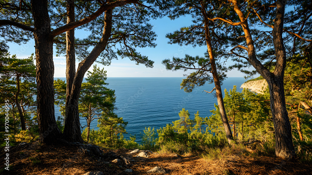 A tranquil ocean view from a forested ridge with tall pines framing the distant horizon and the sea below. A tranquil ocean view from a forested ridge with tall pines framing the distant horizon and the sea below.