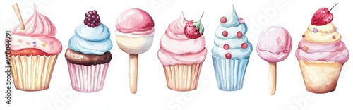 There are various ice cream icons, macaroons, muffins, puddings, and cakes isolated on white. photo