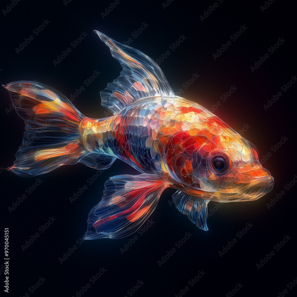 goldfish, transparent fish, fish with transparent skin, on a black background, isolated, wall painting, interior, T-shirt picture, special, unique, inimitable, golden person, queen goldfish, transparent fish, fish with transparent skin, on a black background, isolated, wall painting, interior, T-shirt picture, special, unique, inimitable, golden person, queen