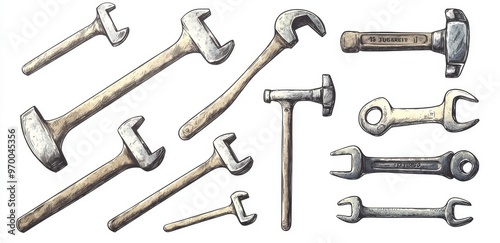 Vintage engraving style clipart of metal working tools in black and white