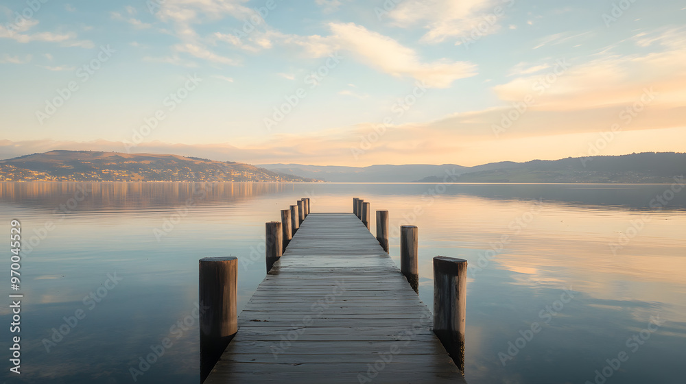 A tranquil ocean view from a peaceful pier with the sun setting behind distant hills and calm water reflecting the sky. A tranquil ocean view from a peaceful pier with the sun setting behind distant hills and calm water reflecting the sky.