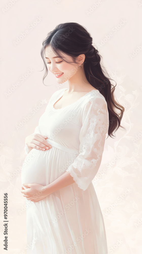 Elegant pregnant woman in flowing white dress gently cradles her baby bump against a soft pastel background during a serene moment Elegant pregnant woman in flowing white dress gently cradles her baby bump against a soft pastel background during a serene moment
