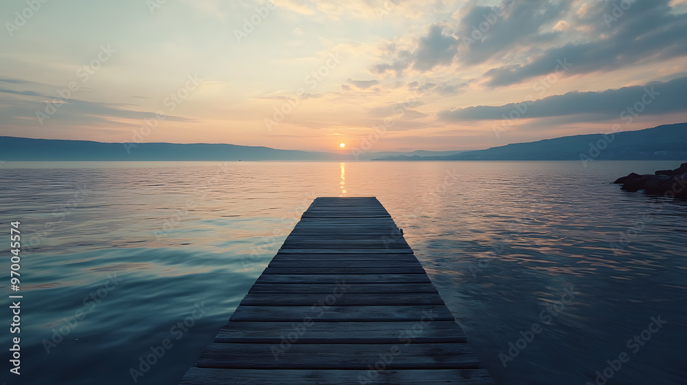 A tranquil ocean view from a peaceful pier with the sun setting behind distant hills and calm water reflecting the sky. A tranquil ocean view from a peaceful pier with the sun setting behind distant hills and calm water reflecting the sky.