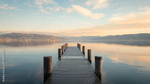 A tranquil ocean view from a peaceful pier with the sun setting behind distant hills and calm water reflecting the sky.