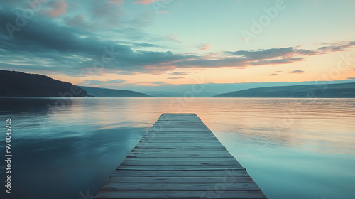 A tranquil ocean view from a peaceful pier with the sun setting behind distant hills and calm water reflecting the sky.