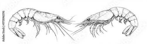 In black and white, an isolated shrimp illustration is engraved. photo