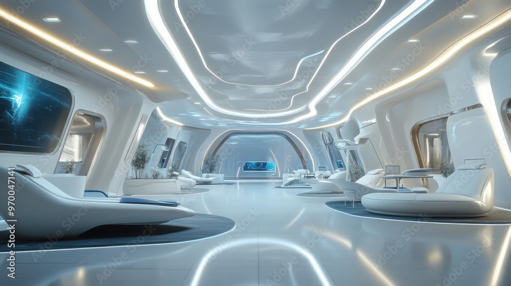 Futuristic Interior Design with Curved Walls and White Loungers Futuristic Interior Design with Curved Walls and White Loungers