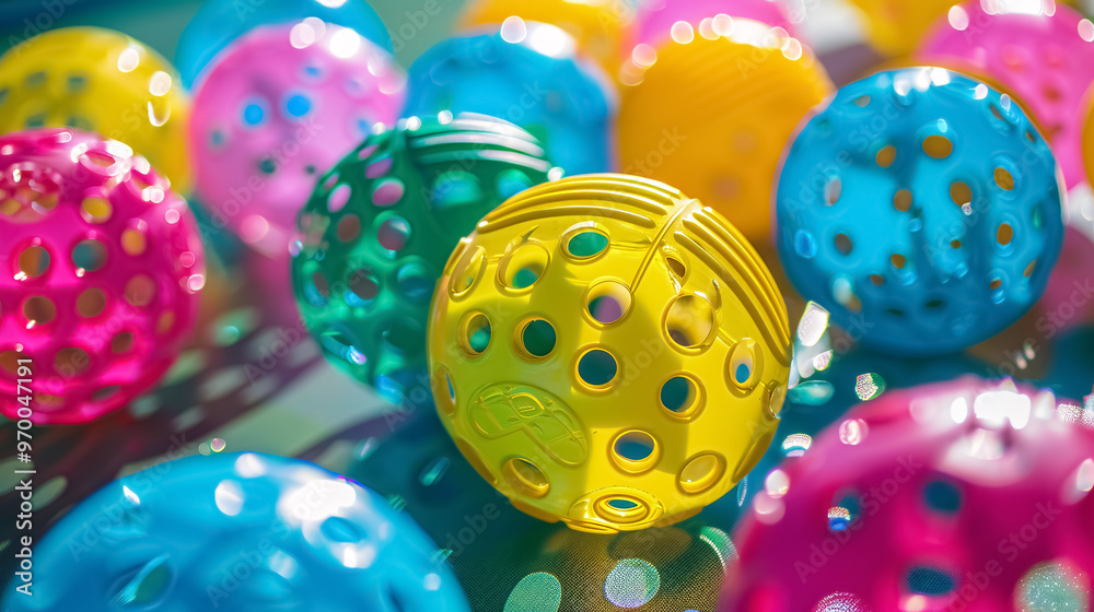 Obraz premium Colorful pickleball collection: yellow, pink, blue, green, etc.