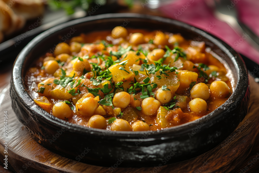 Savoring the rich flavors of Cocido Madrileno, a hearty Spanish stew served in a charming Madrid restaurant on a sunny afternoon Savoring the rich flavors of Cocido Madrileno, a hearty Spanish stew served in a charming Madrid restaurant on a sunny afternoon
