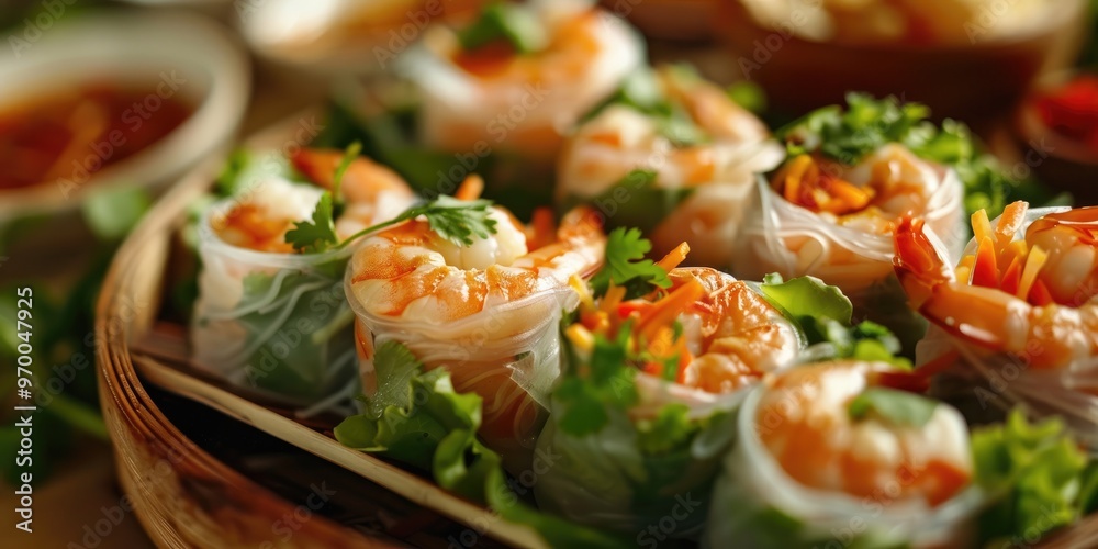 Vietnamese appetizer featuring shrimp spring roll Vietnamese appetizer featuring shrimp spring roll