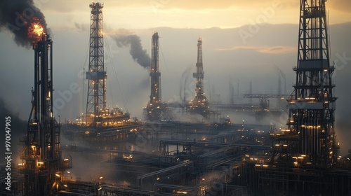 Oil Rig with Burning Flare and Smoke at Sunset