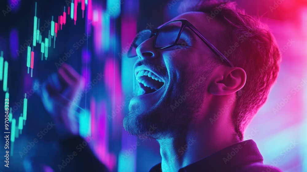 Excited Man Reacting to a Stock Market Graph Excited Man Reacting to a Stock Market Graph