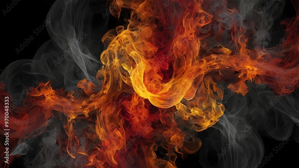 Fototapeta premium Digital abstract artwork with a dynamic and vibrant display of swirling flames and smoke side by side on an solid black background, fiery fire backdrop