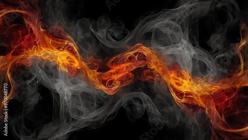 Digital abstract artwork with a dynamic and vibrant display of swirling flames and smoke side by side on an solid black background, fiery fire backdrop