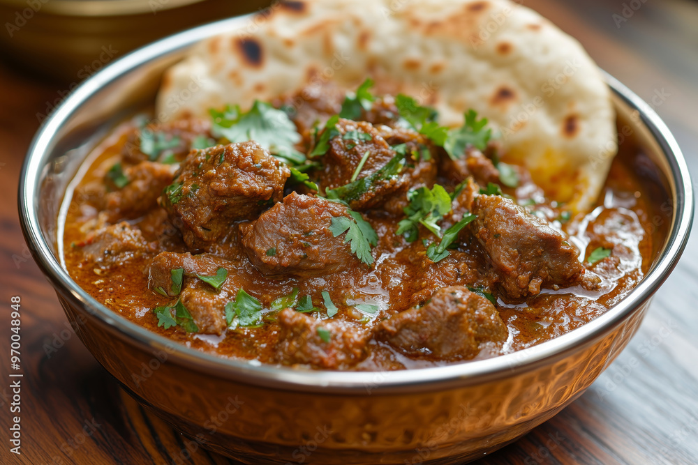 Indulge in a flavorful Indian mutton masala dish, perfectly spiced and garnished with fresh herbs, served alongside traditional bread