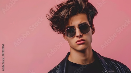 Stylish young man with modern hairstyle on a pink background