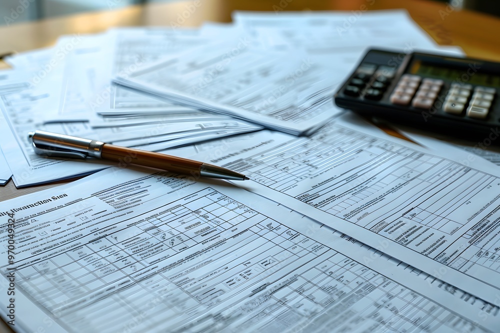 A Cluttered Desk with Financial Documents and a Calculator A Cluttered Desk with Financial Documents and a Calculator