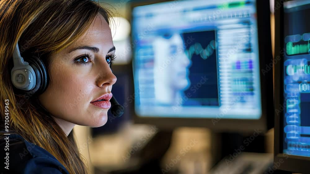 Focused woman wearing headphones working in front of computer monitors Focused woman wearing headphones working in front of computer monitors
