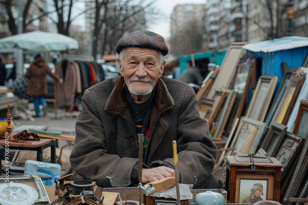 A Warm Smile at the Flea Market: An Elderly Vendor Surrounded by Treasures A Warm Smile at the Flea Market: An Elderly Vendor Surrounded by Treasures