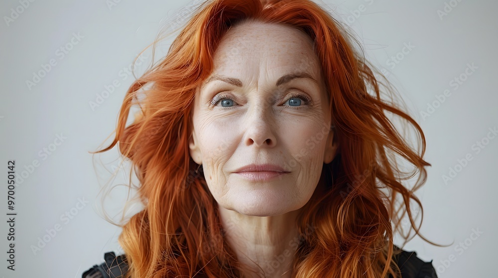 White caucasian mature woman portrait with red hair on white background White caucasian mature woman portrait with red hair on white background