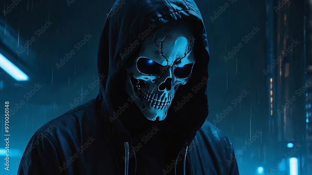 Scary cyberpunk hacker with black jacket, white skeleton mask and blue eyes standing in a corridor with blue neon lights behind it Scary cyberpunk hacker with black jacket, white skeleton mask and blue eyes standing in a corridor with blue neon lights behind it