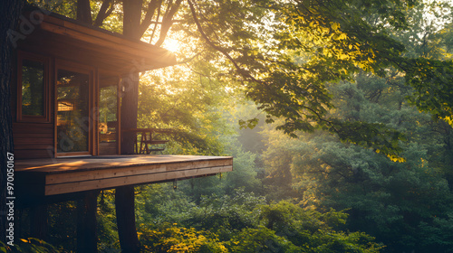 A treehouse with a yoga deck overlooking a tranquil forest perfect for meditation and relaxation.