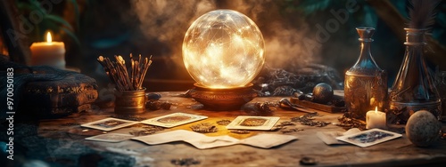 A mystical crystal ball surrounded by candles and tarot cards on a wooden table in a dimly lit magical setting photo