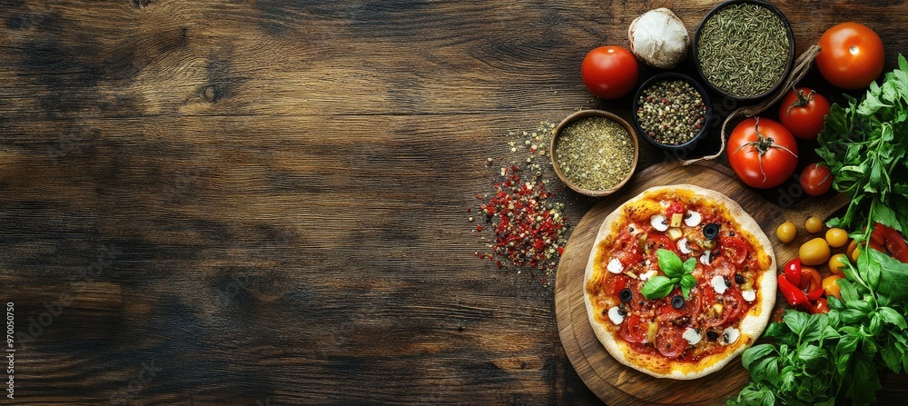 Delicious Homemade Pizza with fresh ingredients on Rustic Wooden Background. Delicious Homemade Pizza with fresh ingredients on Rustic Wooden Background.